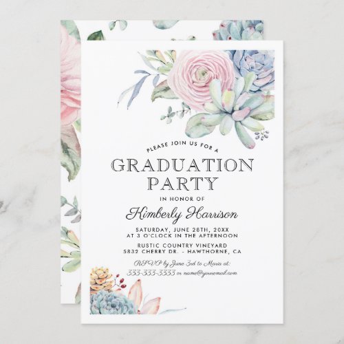 Watercolor Succulent Floral Graduation Party Invitation - Elegant graduate party invitations featuring a classic white background, a watercolor display of pastel flowers & succulents, and a stylish graduation party template that is easy to personalize.