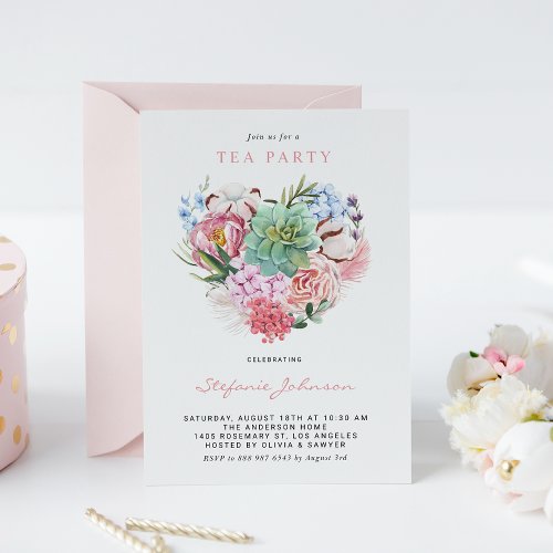 Watercolor Succulent Floral Heart Bridal Tea Party Invitation