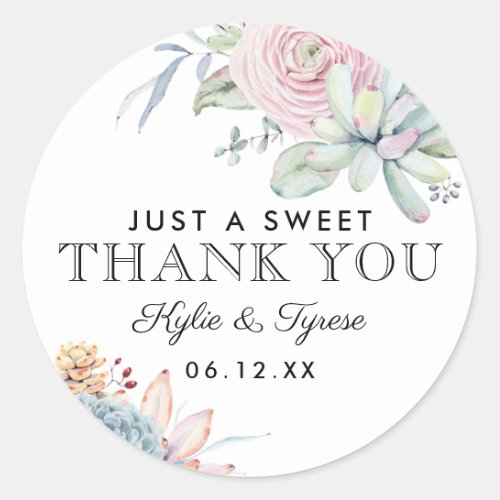 Watercolor Succulent Floral Vintage Wedding Favor Classic Round Sticker - Elegant wedding thank you stickers featuring a classic white background, a watercolor display of pastel flowers & succulents, and a wedding favor template that is easy to personalize.