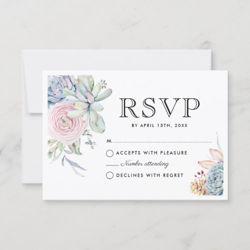 Watercolor Succulent Floral Vintage Wedding RSVP - Elegant wedding response card featuring a classic white background, a watercolor display of pastel flowers & succulents, and a stylish rsvp template that is easy to personalize. On the reverse is a pastel green color, however this can be changed. You can also find a hidden all over floral pattern when customizing this design further.