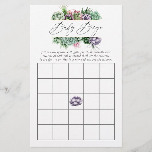 Watercolor Succulent Geometric Baby Shower Bingo (Front)