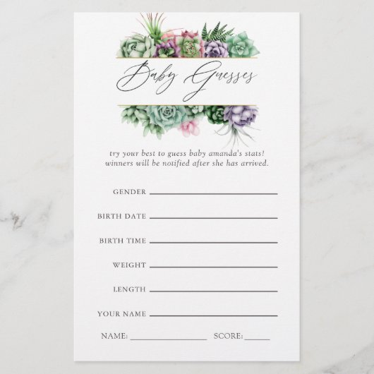 Watercolor Succulent Geometric Baby Shower Game (Front)
