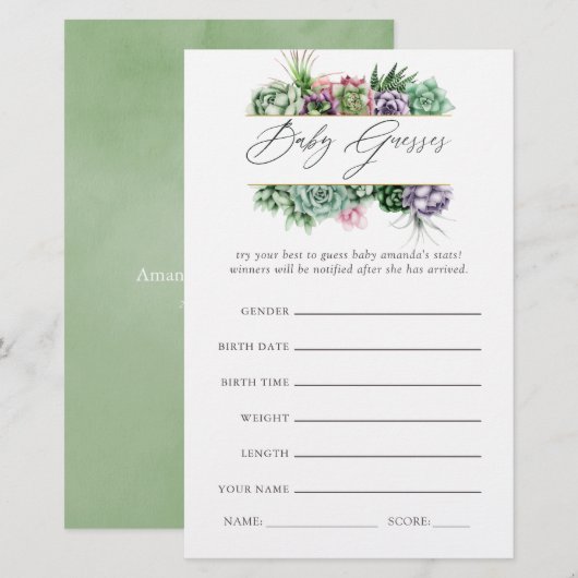 Watercolor Succulent Geometric Baby Shower Game (Front/Back)