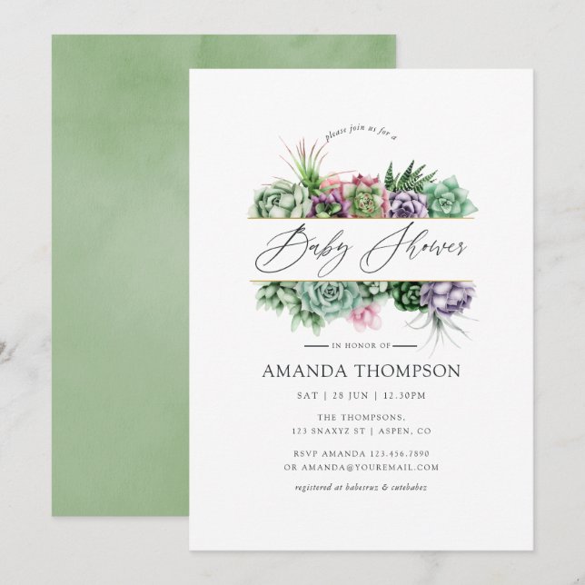 Watercolor Succulent Geometric Baby Shower Invitation (Front/Back)