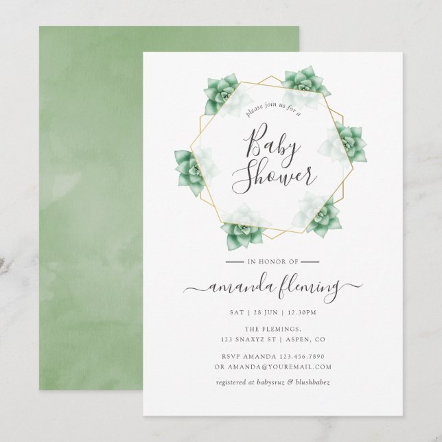 Watercolor Succulent Geometric Baby Shower Invitation (Front/Back)