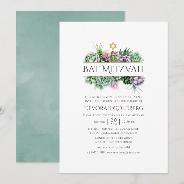 Watercolor Succulent Geometric Bat Mitzvah Invitation (Front/Back)