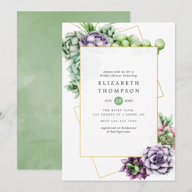 Watercolor Succulent Geometric Bridal Shower Invitation (Front/Back)