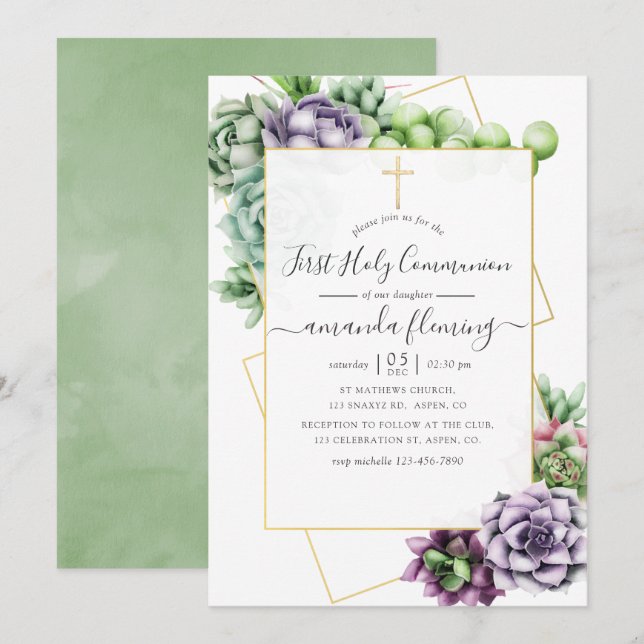 Watercolor Succulent Geometric Holy Communion Invitation (Front/Back)