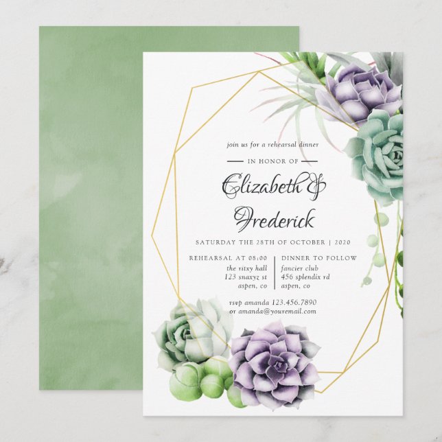 Watercolor Succulent Geometric Rehearsal Dinner Invitation (Front/Back)