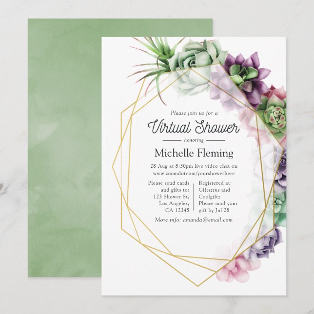 Watercolor Succulent Geometric Virtual Baby Shower Invitation (Front/Back)