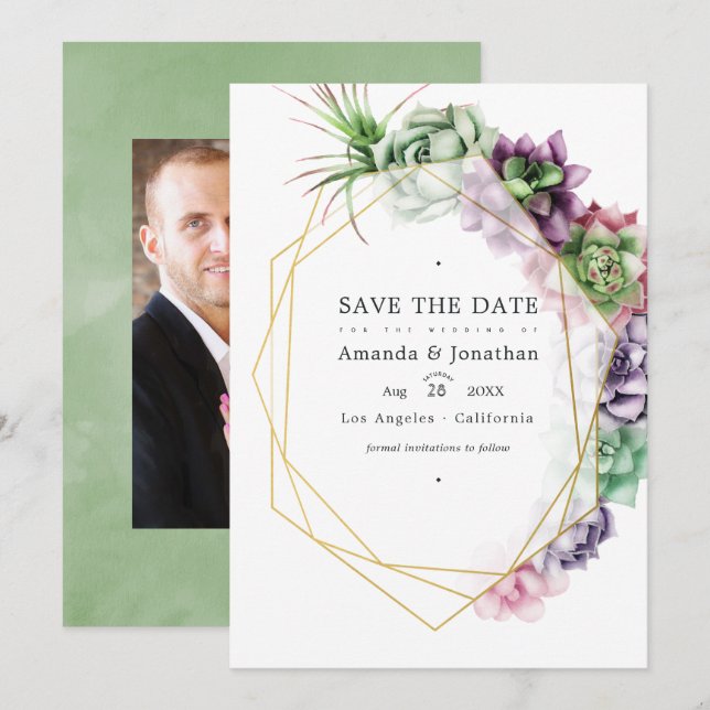 Watercolor Succulent Geometric Wedding Photo Save The Date (Front/Back)