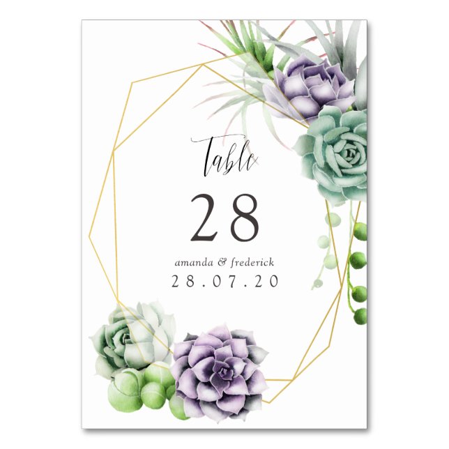 Watercolor Succulent Geometric Wedding Table Number (Front)