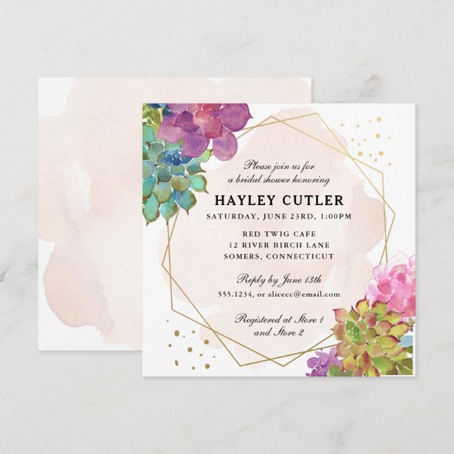 Watercolor Succulent Gold Terrarium Bridal Shower Invitation (Front/Back)