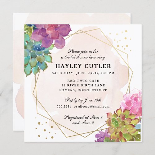 Watercolor Succulent Gold Terrarium Bridal Shower Invitation