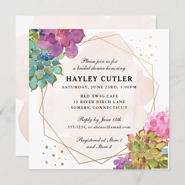 Watercolor Succulent Gold Terrarium Bridal Shower Invitation (Front/Back)