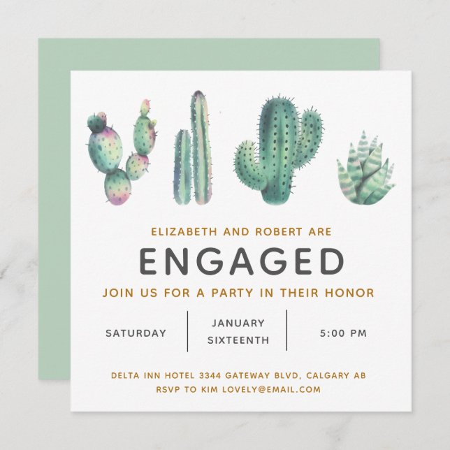 Watercolor Succulent Lush Cactus Engagement Invitation (Front/Back)