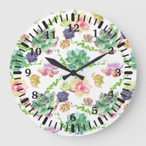 Watercolor Succulent Mixed Color Plants Botanical Large Clock