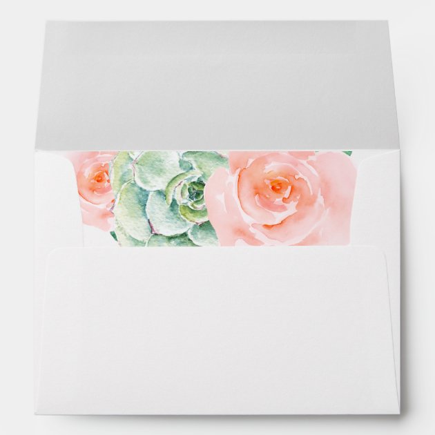 Watercolor Succulent Peach Roses Wedding Envelope