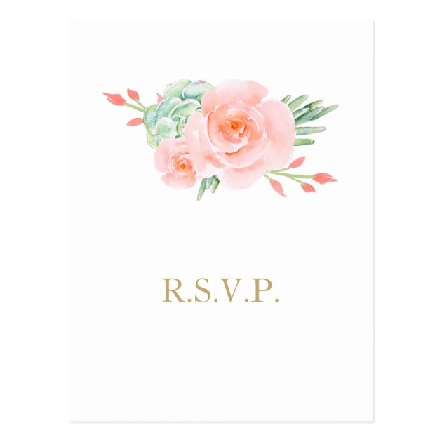 Watercolor Succulent Peach Roses Wedding Rsvp Postcard