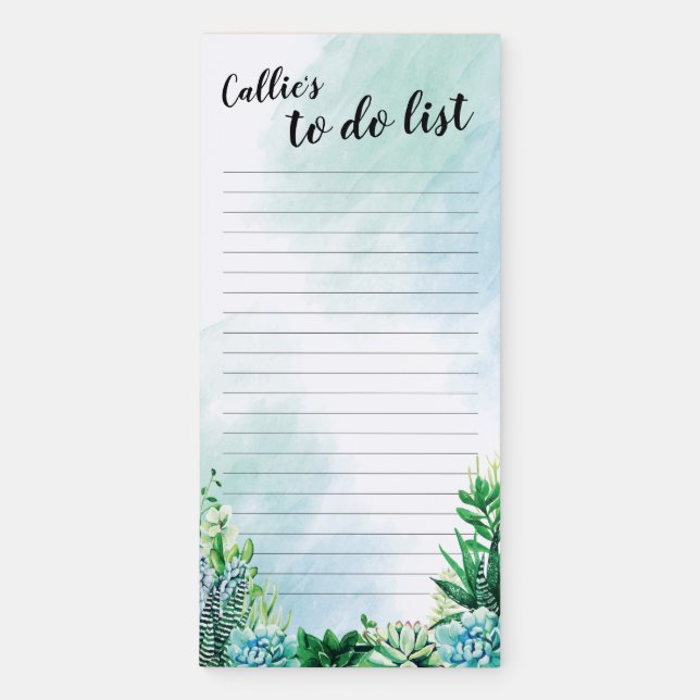 Watercolor Succulent Personalized Magnetic Notepad (Front)