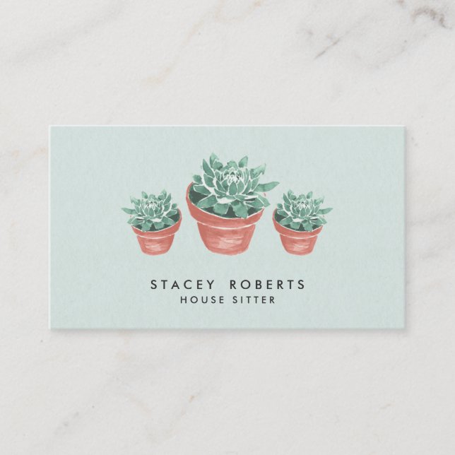 Watercolor Succulent Plant House Pet Sitter Business Card (Front)
