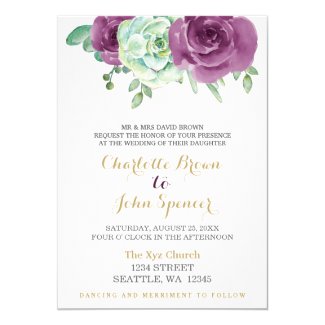 watercolor succulent plum roses wedding card