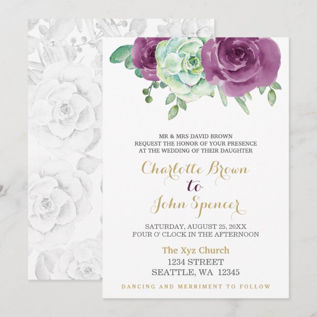 watercolor succulent plum roses wedding invitation (Front/Back)