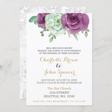 watercolor succulent plum roses wedding invitation