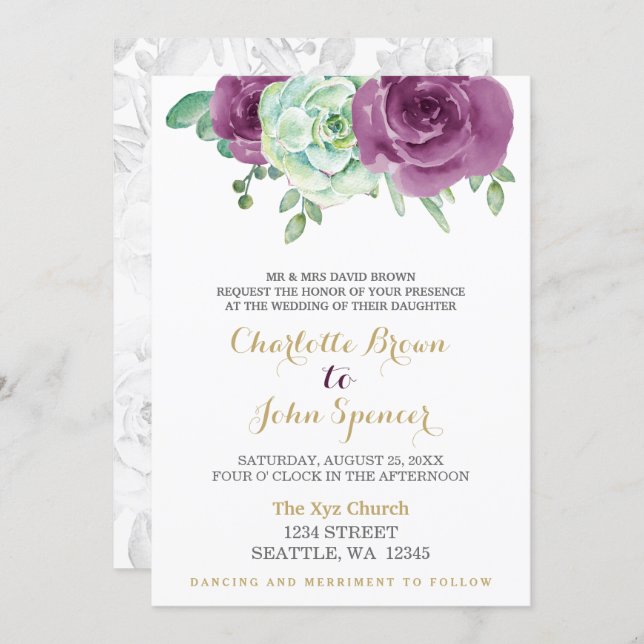 watercolor succulent plum roses wedding invitation (Front/Back)