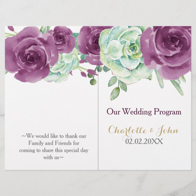 watercolor succulent plum roses wedding program (Front)