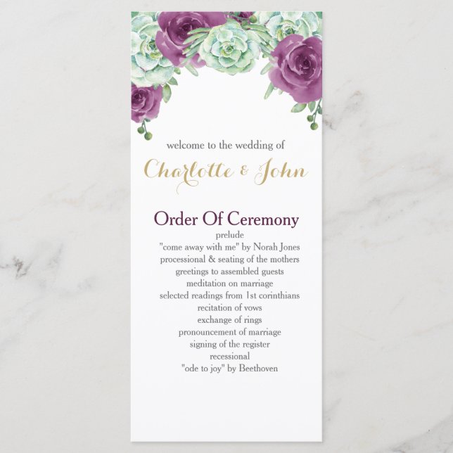 watercolor succulent plum roses wedding programs (Front)