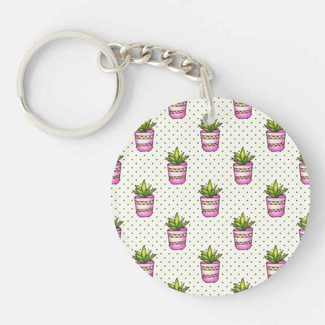 Watercolor Succulent Polka Dot Pattern Keychain (Front)