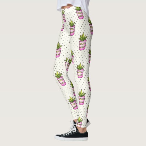 Watercolor Succulent Polka Dot Pattern Leggings