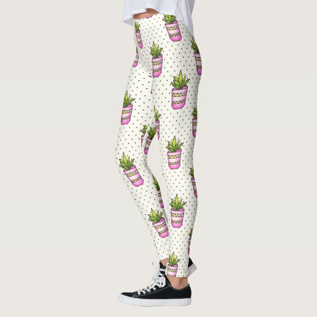 Watercolor Succulent Polka Dot Pattern Leggings (Left)