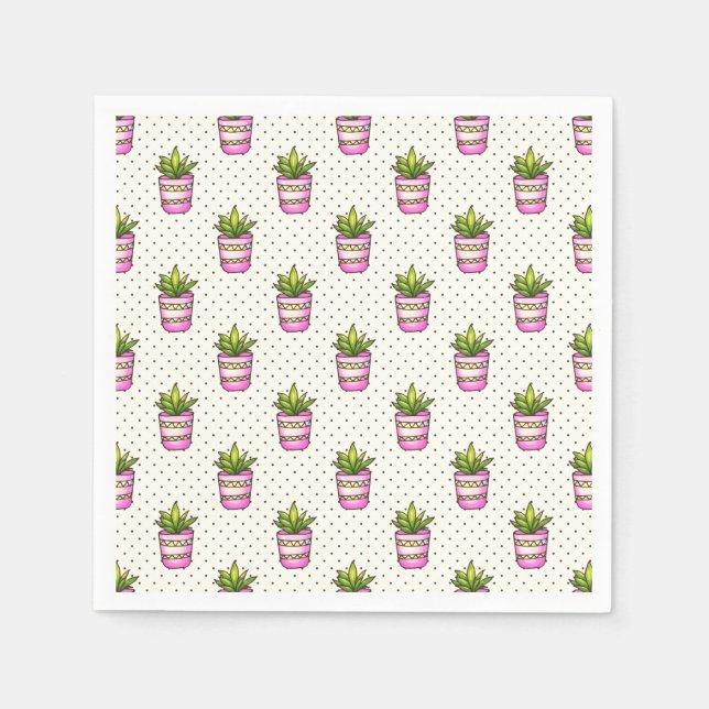 Watercolor Succulent Polka Dot Pattern Paper Napkins (Front)