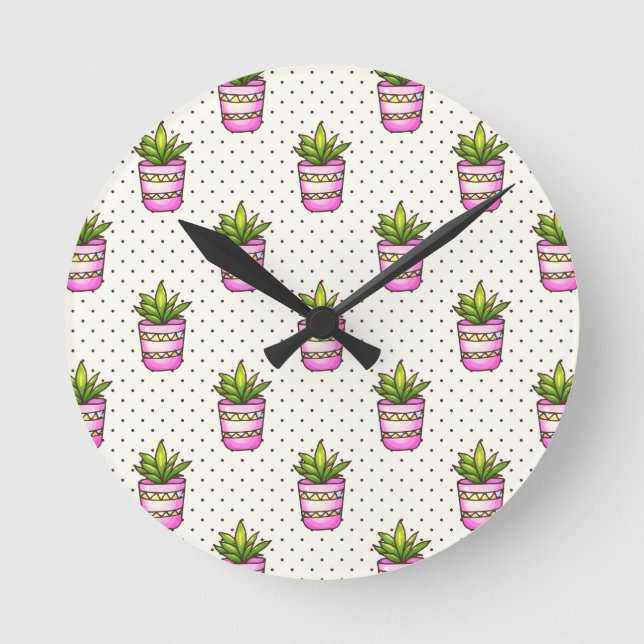 Watercolor Succulent Polka Dot Pattern Round Clock (Front)