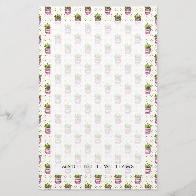 Watercolor Succulent Polka Dot Pattern Stationery (Front)