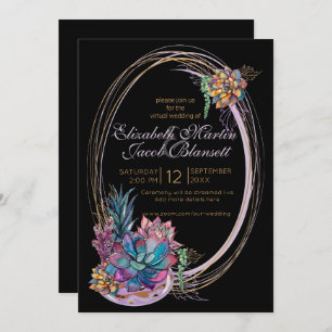 Watercolor Succulent, purple black virtual Wedding Invitation