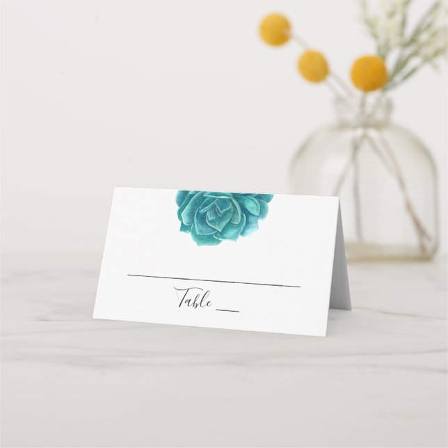 Watercolor succulent. Teal wedding. Botanical Place Card (Front)