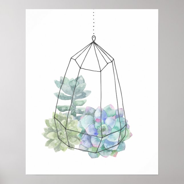 Watercolor Succulent Terrarium Hand Drawn Poster (Front)