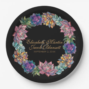 Watercolor Succulent Wreath black Wedding Paper Plates