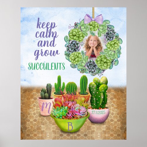 Watercolor Succulent Wreath Cactus Monogram Photo Poster