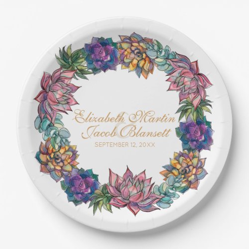 Watercolor Succulent Wreath Wedding Paper Plates