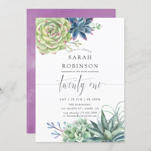 Watercolor Succulents 21st Birthday Party Invite