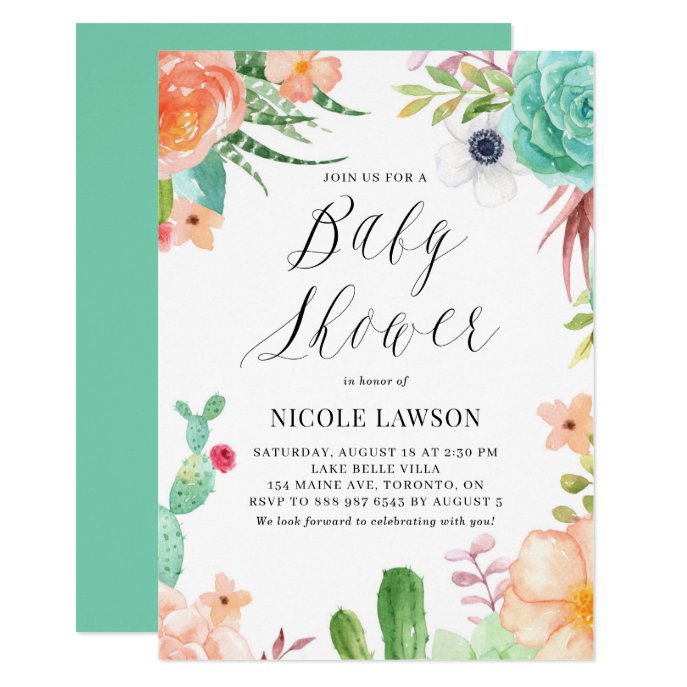 Watercolor Succulents and Flowers Baby Shower Invitation