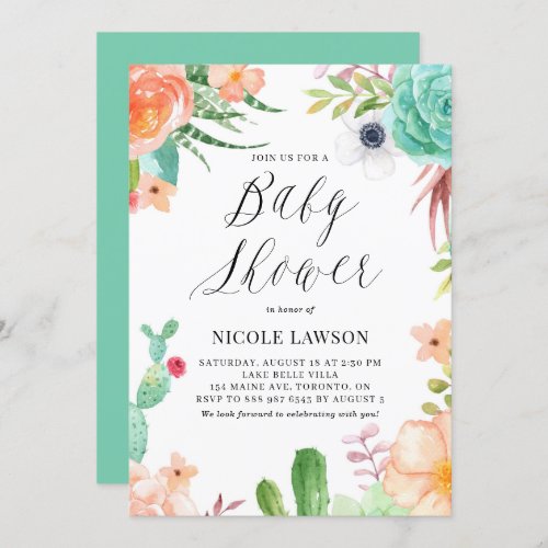 Watercolor Succulents and Flowers Baby Shower Invitation