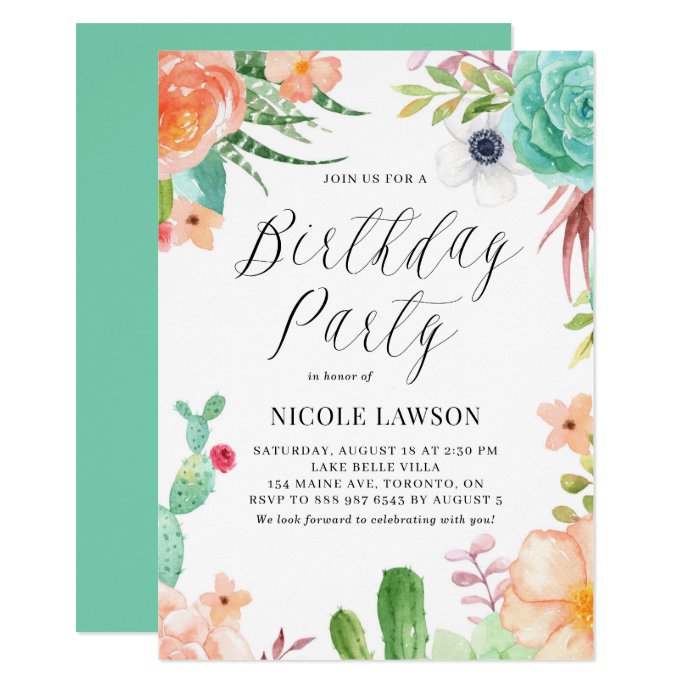 Watercolor Succulents and Flowers Fiesta Birthday Invitation