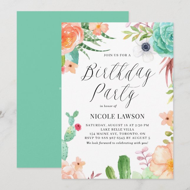 Watercolor Succulents and Flowers Fiesta Birthday Invitation (Front/Back)