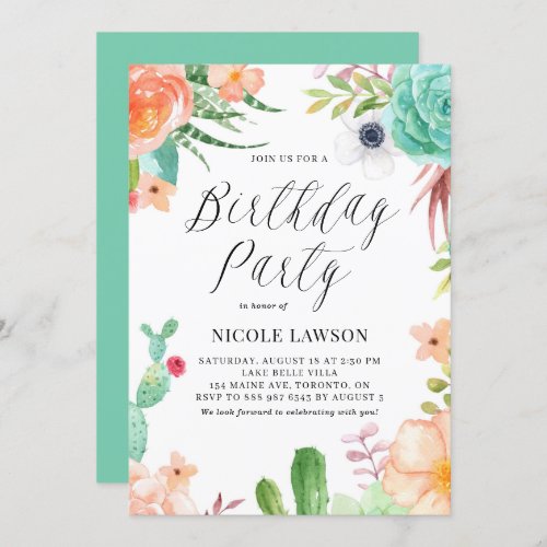 Watercolor Succulents and Flowers Fiesta Birthday Invitation