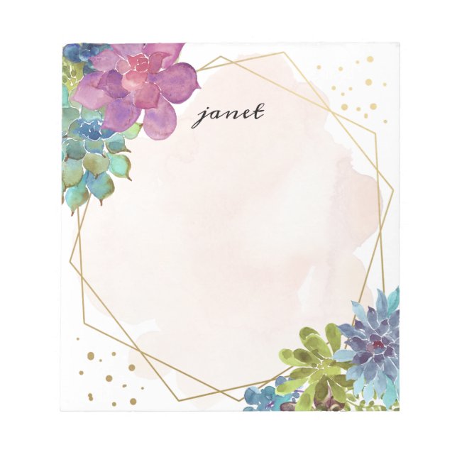 Watercolor Succulents and Gold Frame Personalized Notepad (Front)